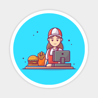 Cashier Serving Order for Burger And French Fries With Cash Register Cartoon Magnet